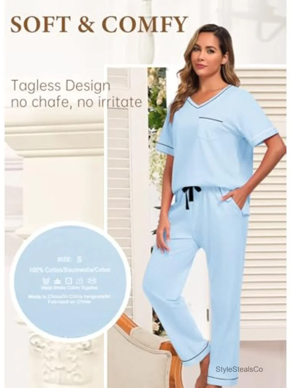 100% Cotton Women's Pajama Set V Neck Lounge Sleepwear with Pockets